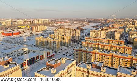 Tall New Buildings In A Russian Winter City. New Residential Areas Of Penza With Houses In Winter. S