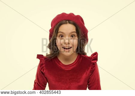 What A Surprise. Pretty Little Girl Wear Red Barret. Happy Childhood. Small Beauty Isolated On White