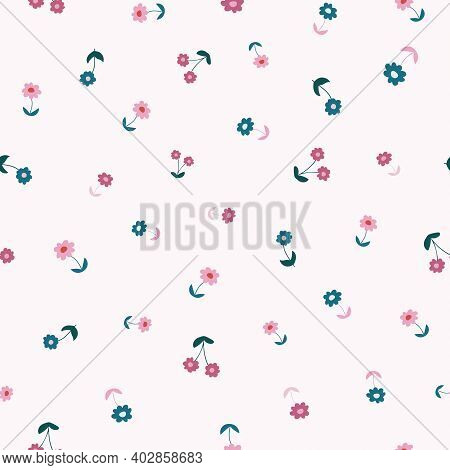 Cream, Blue , And Pink Tiny Daisy Seamless Pattern