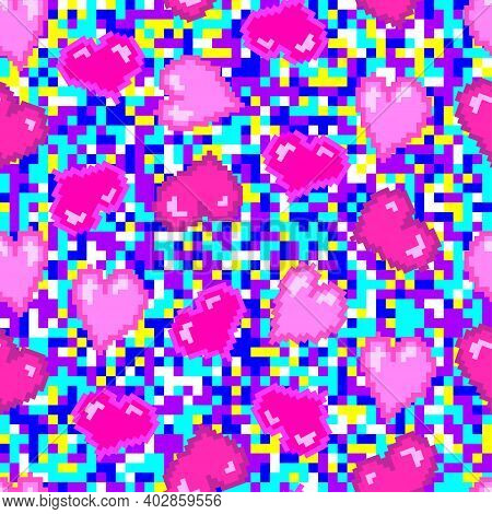 Pixel Pink Hearts Pattern. Seamless Vector Multicolored Pixel Background. Seamless Vector Web Love V