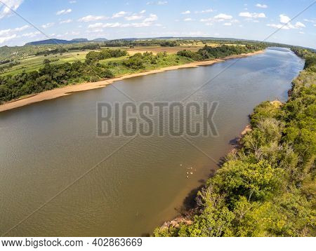 Aerial View Of Taquari River With Forest And Farm Fields, Mariante, Venancio Aires, Rio Grande Do Su