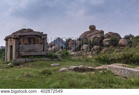 Hampi, Nimbapura, Karnataka, India - November 5, 2013: Talarigatta Gate. Ancient Toll Booth In Brown