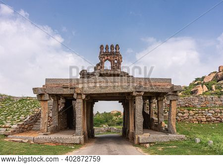 Hampi, Nimbapura, Karnataka, India - November 5, 2013: Closeup Of Brown-gray Stone Ruinous Talarigat