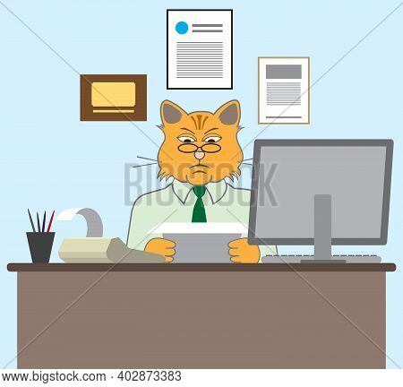 A Serious Cartoon Cat Accountant Is At His Desk Crunching Numbers