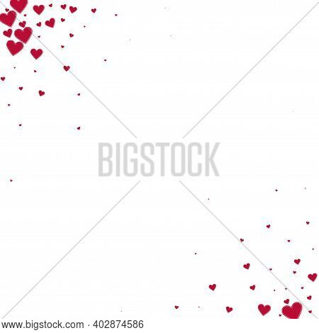 Red Heart Love Confettis. Valentines Day Corner Optimal Background. Falling Stitched Paper Hearts Co