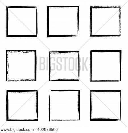 Grunge Frames Vector Set, Black Square Shape Borders With Scratched Rough Edges. Grungy Old Texture,