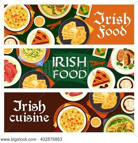 Irish Food Vector Homemade Pork Sausages, Cherry Pie And Vegetable Stuffed Beef, Potato Pancake Farl