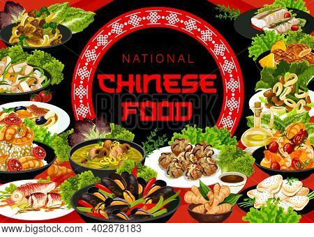 Chinese Cuisine Vector Meals Steamed Shrimps With Jasmine Sauce, Noodles With Shrimp And Pork. Cod W