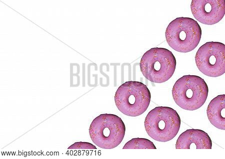 Donut Pattern Lay Flat On Isolated White Background, Top View.