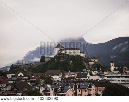 Aerial Panorama Of Medieval Castle Fortification Festung Kufstein Fortress In Town Tyrol Austria Alp