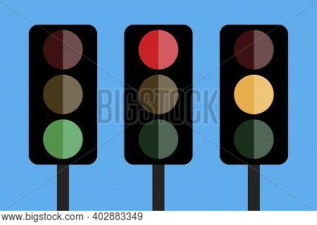 Traffic Lights Blue Background In Flat Style Infographic Set For Banner Design. Social Media Concept