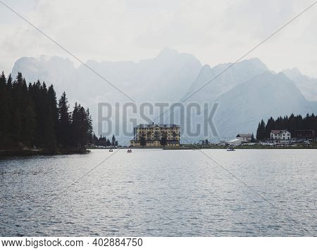 Panorama Of Hotel At Alpine Lago Di Misurina Lake With Gruppo Del Sorapiss Mountain Cortina Dolomite