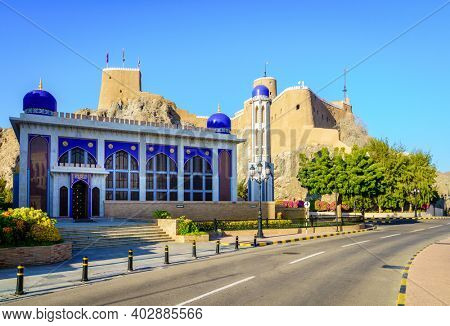 Muscat, Oman, December 3, 2016: Beautiful Al Khor Mosque next to the Al Alam royal palace in Muscat, Oman