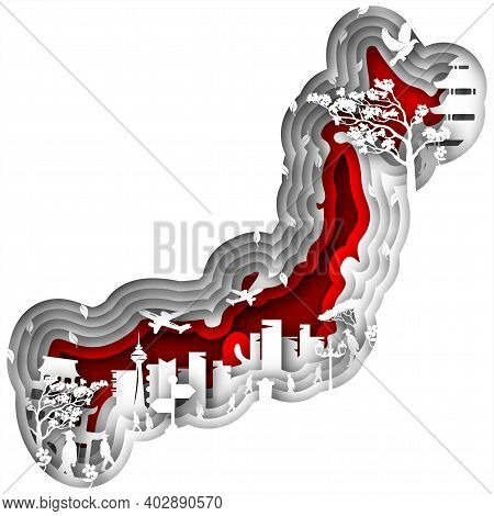 Vector Japan In Paper Art Style. Digital Art