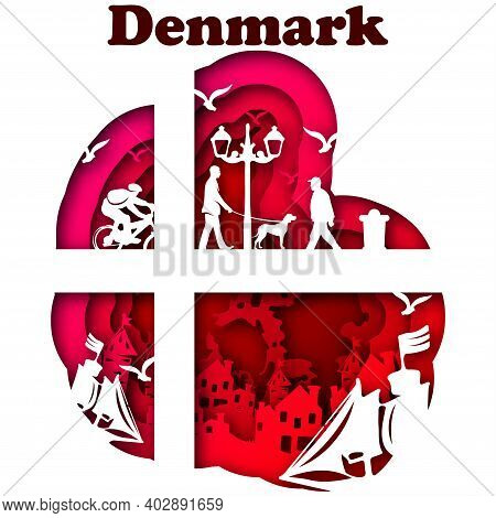 Vector Denmark In Paper Art Style. Digital Art