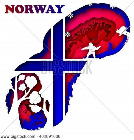 Vector Norway In Paper Art Style. Digital Art