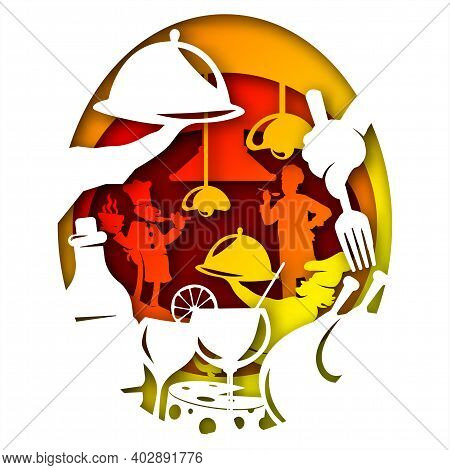 Vector Restaurant In Paper Art Style. Digital Art