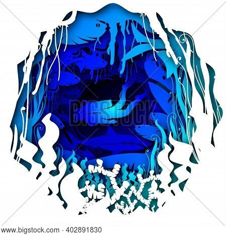 Vector Ocean In Paper Art Style. Digital Art