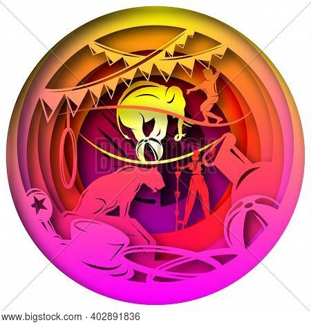 Vector Circus In Paper Art Style. Digital Art