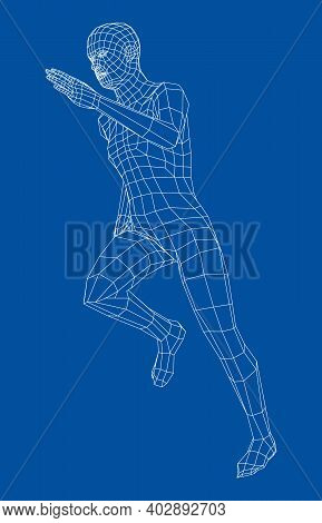 Wireframe Running Man. Vector 3d Rendering. Man In Running Pose