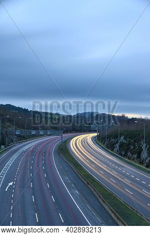 Beautiful Very Long Exposure Evening View Of Light Trails Of Vehicles On Motorway M50 Dublin, Irelan