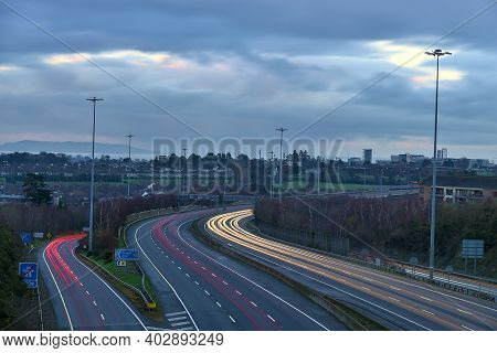 Beautiful Very Long Exposure Evening View Of Light Trails Of Vehicles On Motorway M50 Dublin, Irelan