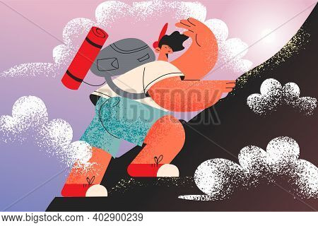 Inspiration, Motivation, Target Concept. Young Determined Man Cartoon Character With Backpack Climbi