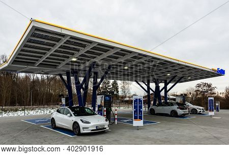 Rutesheim, Germany - December 27, 2020: The Newly Opened Electric Vehicle Charging Station Operated 
