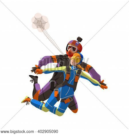 Man And Woman Paratrooper Or Parachutist Free-falling And Descenting With Parachute Vector Illustrat