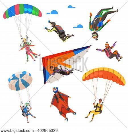 Paratroopers Or Parachutist Free-falling And Descenting With Parachutes Vector Set