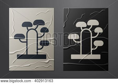 White African Tree Icon Isolated On Crumpled Paper Background. Baobab, Acacia And Other. Paper Art S