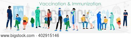 Vaccination And Immunisation Banner. Doctors Examining, Treating And Vaccinating Patients. Healthcar