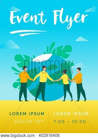 People Walking Around Globe And Holding Each Other By Hands Flat Vector Illustration. Tiny People Sa