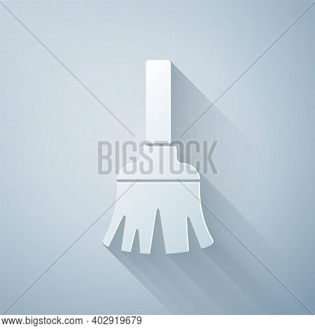 Paper Cut Feather Broom For Cleaning Icon Isolated On Grey Background. Feather Duster. Paper Art Sty
