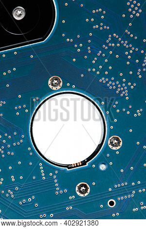 Blue computer CPU motherboard flat lay closeup