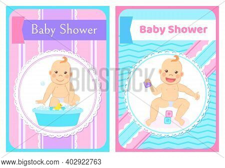 Baby Shower Greeting Cards With Kids In Round Frame. Vector Milestones, Eight Month Child Sitting Wi