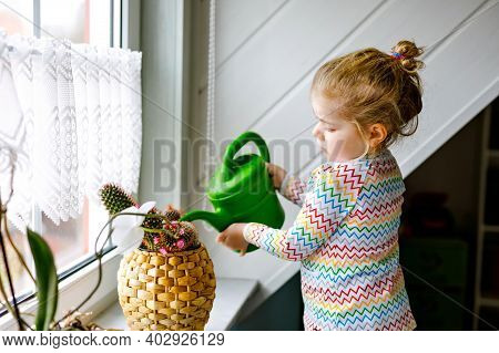 Little Toddler Girl Watering Flowers And Cactus Plants On Window At Home. Cute Child Helping, Domest
