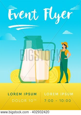 Fresh Milk In Glass Jug. Cow Pasturing On Farming Field. Vector Illustration For Farm Food, Nutritio