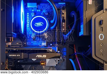Open Pc System Unit With Ice Blue Light Liquid Cooling - Moscow, Russia, December 23, 2020