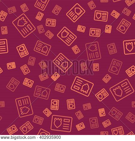 Brown Line Police Badge With Id Case Icon Isolated Seamless Pattern On Red Background. Vector