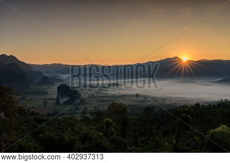 The Scenery Of Phu Langka In The Morning Sunrise At Phayao Province, Thailand.