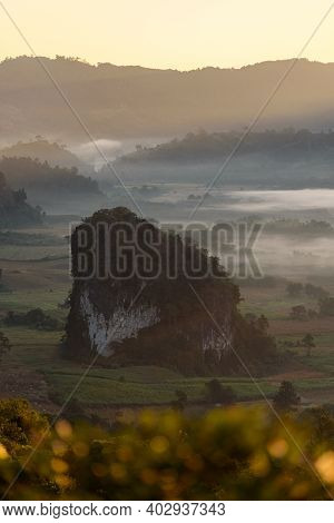 The Scenery Of Phu Langka In The Morning Sunrise At Phayao Province, Thailand.