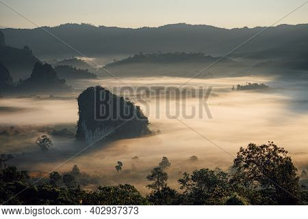 The Scenery Of Phu Langka In The Morning Sunrise At Phayao Province, Thailand.