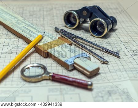 Vintage Equipments For Air Navigation: Pilot`s Slide Rule, Area Sketch, Compasses & Etc. Translation