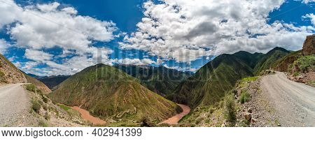 Panorama Of Tibetan Mountain Dirt Road In The Markam County Overlooking The Famous Mekong River, Whe
