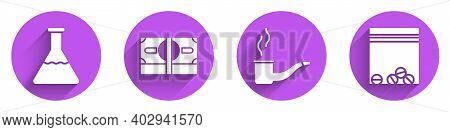 Set Test Tube And Flask, Stacks Paper Money Cash, Smoking Pipe And Plastic Bag Of Drug Icon With Lon