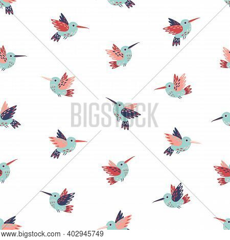 Colibri Birds Flying Summer Seamless Vector Pattern. Colorful Blue, Pink, And Red Flying Birds Illus