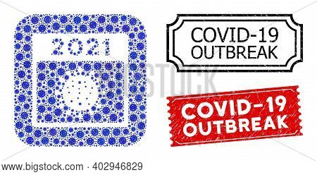 Vector Mosaic 2021 Covid Calendar Page And Grunge Covid-19 Outbreak Seal Stamps. Mosaic 2021 Covid C
