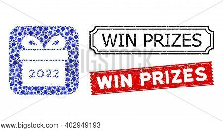Vector Mosaic 2022 Gift And Grunge Win Prizes Seal Stamps. Mosaic 2022 Gift Created As Carved Shape 