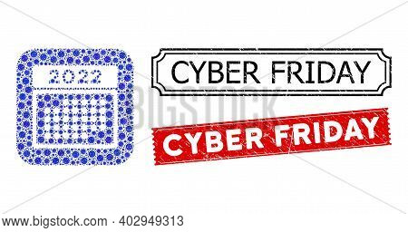 Vector Mosaic 2022 Month Calendar And Grunge Cyber Friday Seal Stamps. Mosaic 2022 Month Calendar Cr
